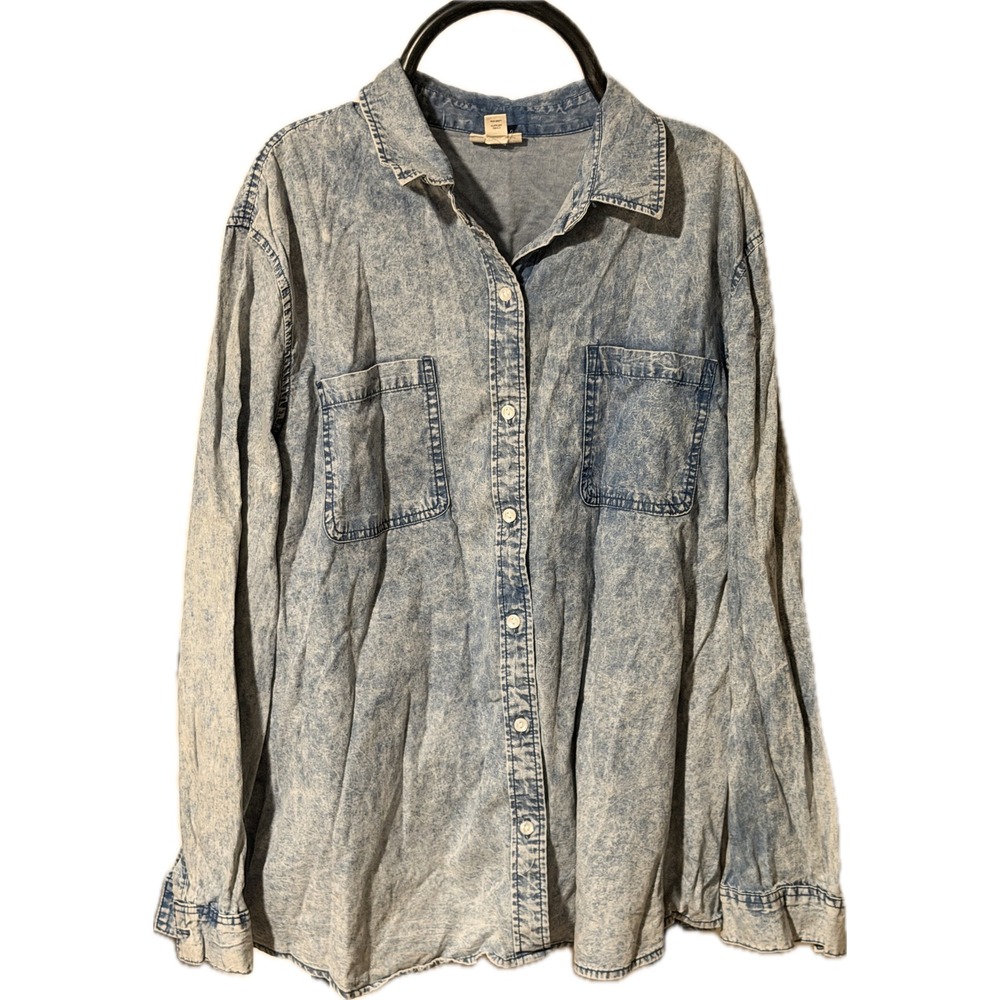 ana A New Approach Womens XL Acid Wash Denim Shirt Long Sleeve Button Down Blue